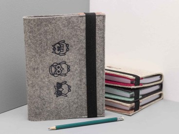 Notizbuch mit Filzeinband grau und Dackel Eulen